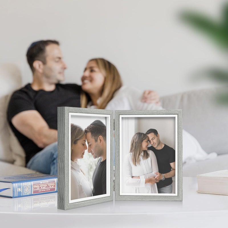 Afuly 5x7 Picture Frame Grey Double Wooden Hinged Photo Frames 2 Openings Tabletop Display Desk Picture Frames Modern Decor Wedding Birthday Christamas Gifts for Women Mom Family Friends - Image 2